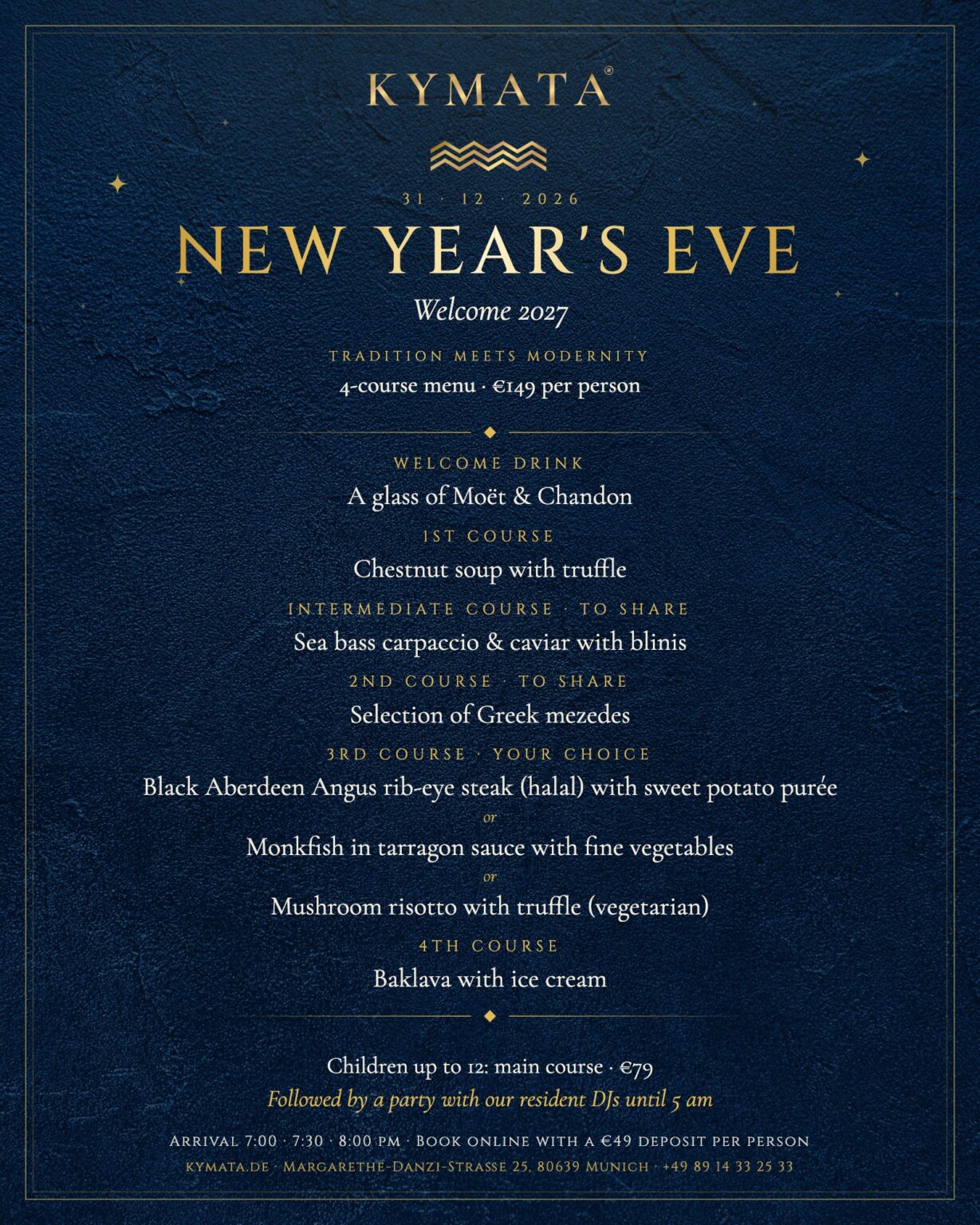 New Year's Eve 2026 at Kymata: 4-course menu €149 per person, party until 5 am